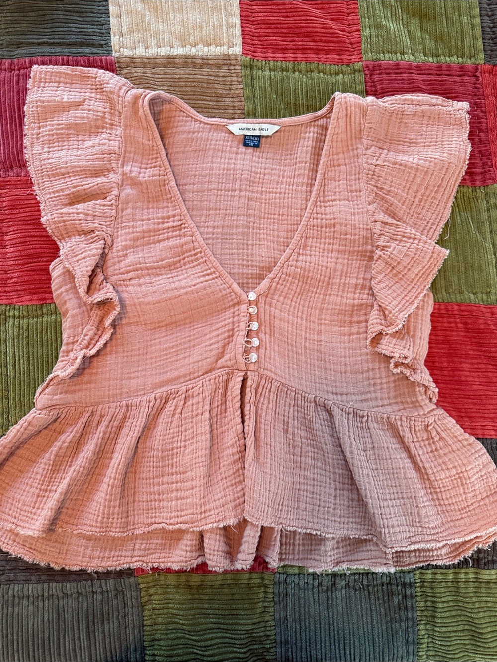 American Eagle Outfitters Ruffle Peplum Button-Front Blouse